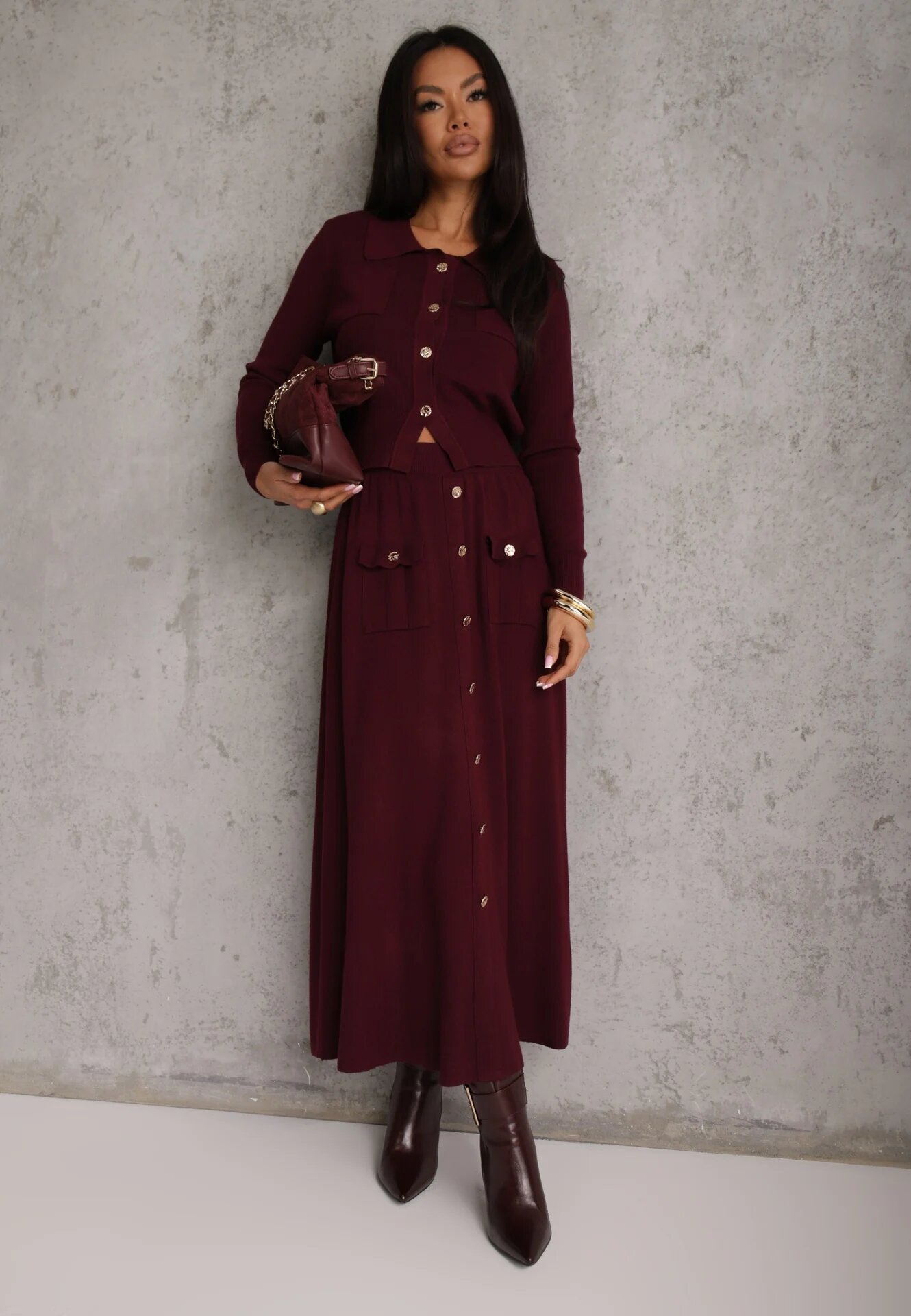 unigirl Set de tricot cu vâscoză închis cu nasturi aurii Gameria Bordo