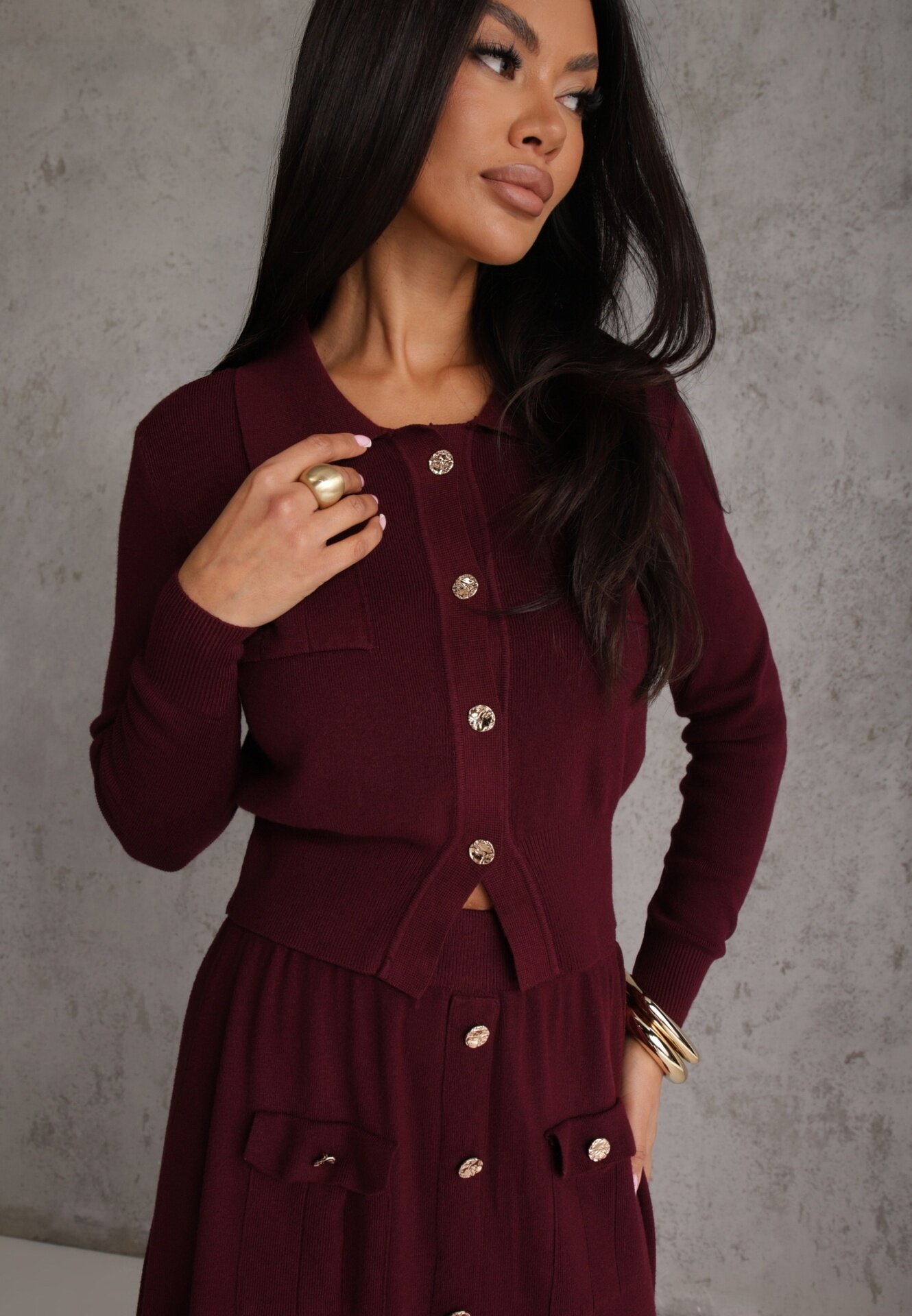 unigirl Set de tricot cu vâscoză închis cu nasturi aurii Gameria Bordo