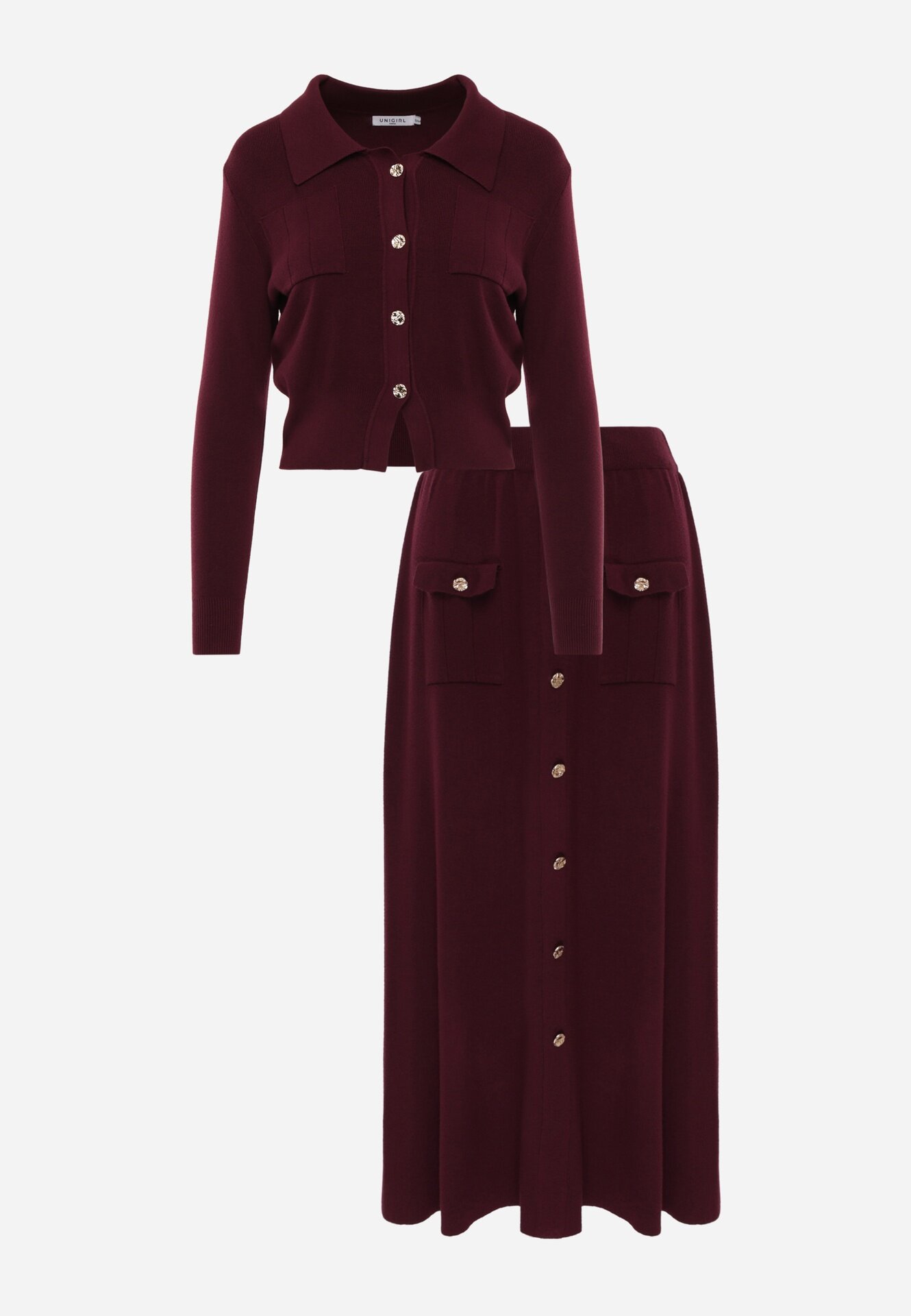 unigirl Set de tricot cu vâscoză închis cu nasturi aurii Gameria Bordo