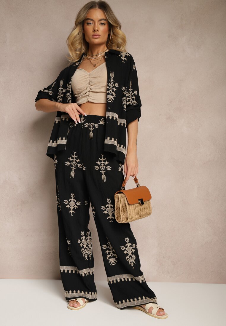 unigirl Set din viscoză Negru Boho Cămașă și Pantaloni cu broderie Helhiris