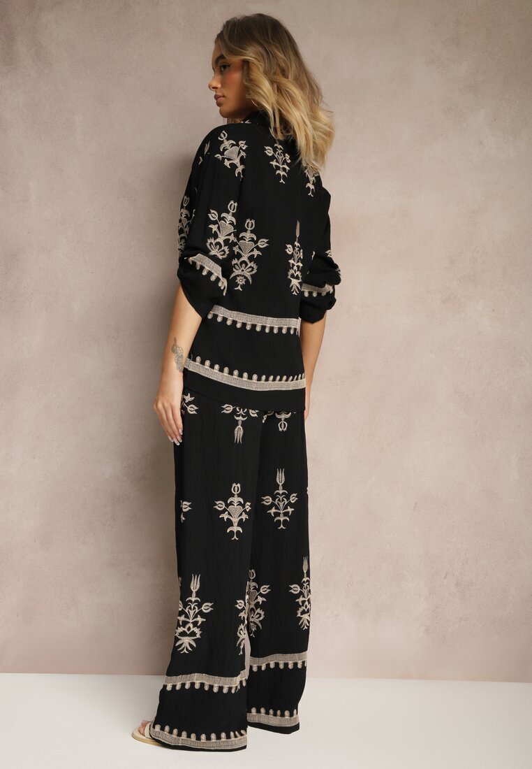 unigirl Set din viscoză Negru Boho Cămașă și Pantaloni cu broderie Helhiris
