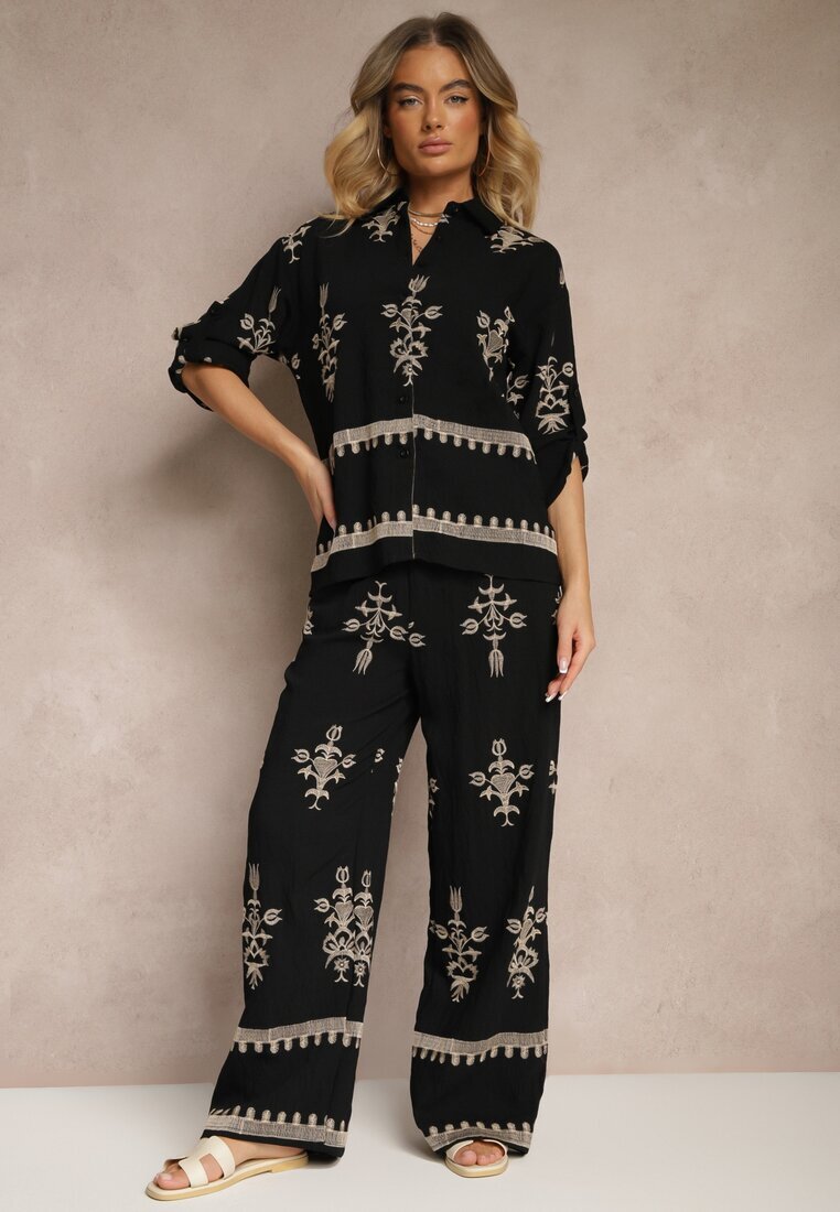 unigirl Set din viscoză Negru Boho Cămașă și Pantaloni cu broderie Helhiris