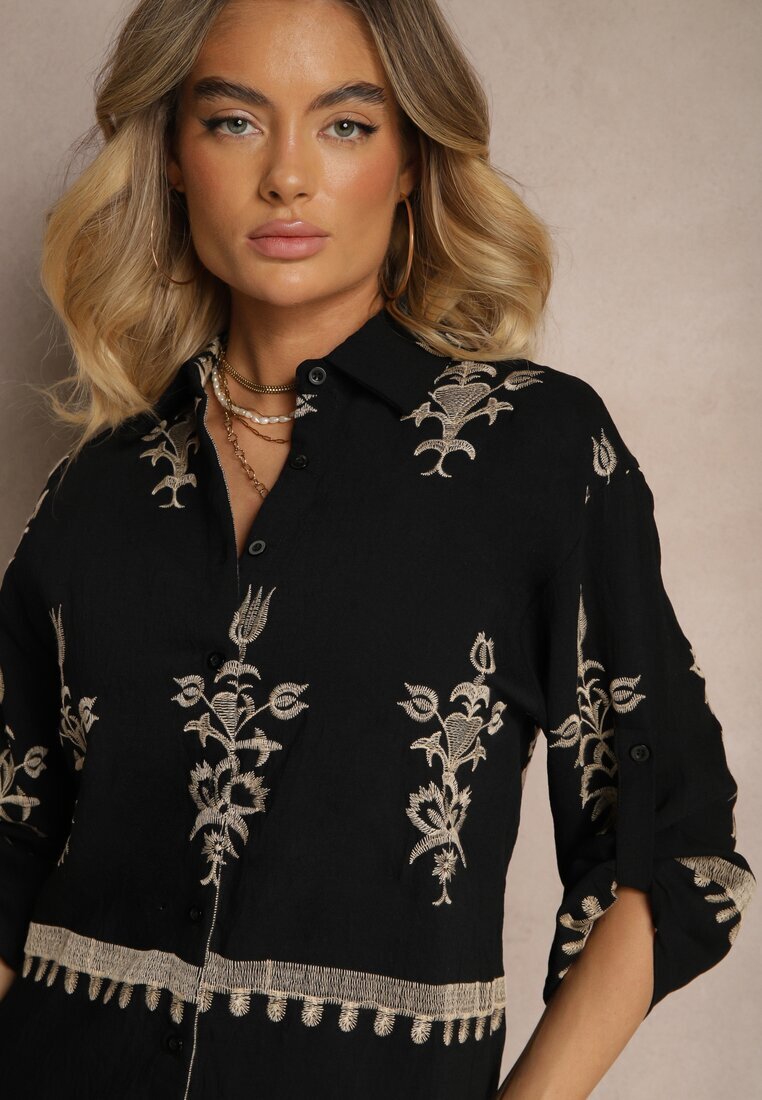 unigirl Set din viscoză Negru Boho Cămașă și Pantaloni cu broderie Helhiris