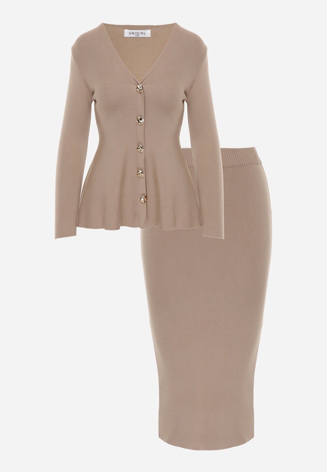 unigirl Set Tricotat Bej cu Vâscoză Elegant Cardigan și Fustă Unalaia