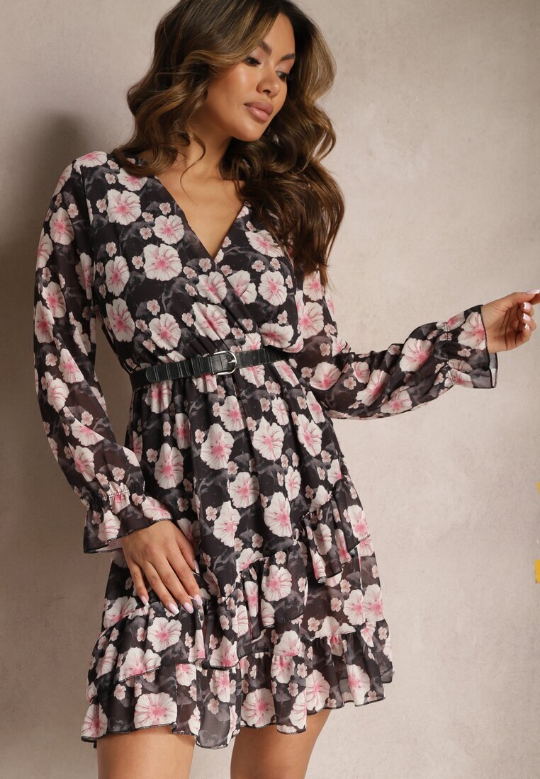 Unique Rochie Neagră Scurtă cu Imprimeu Floral cu Decolteu în V Icarba