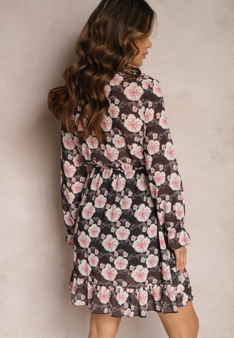 Unique Rochie Neagră Scurtă cu Imprimeu Floral cu Decolteu în V Icarba