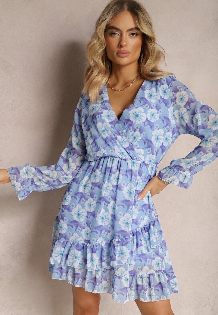Unique Rochie scurtă albastră cu model floral cu decolteu în V Icarba