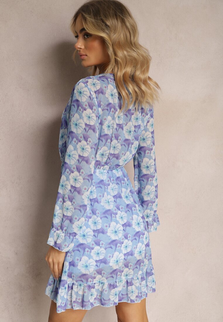 Unique Rochie scurtă albastră cu model floral cu decolteu în V Icarba