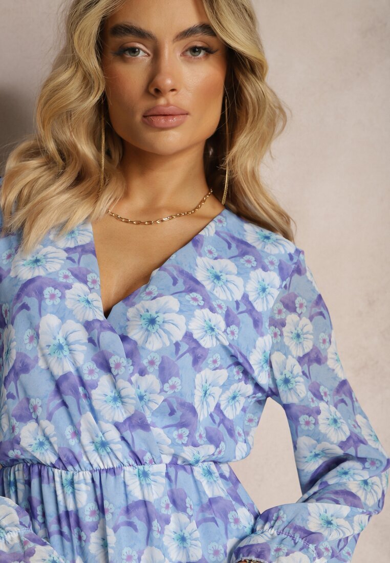 Unique Rochie scurtă albastră cu model floral cu decolteu în V Icarba