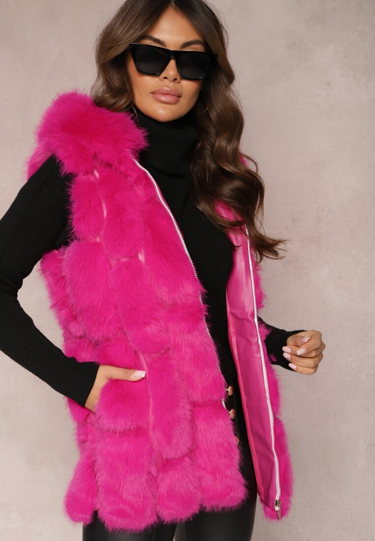  Vestă de blană fuchsia cu glugă Konessa