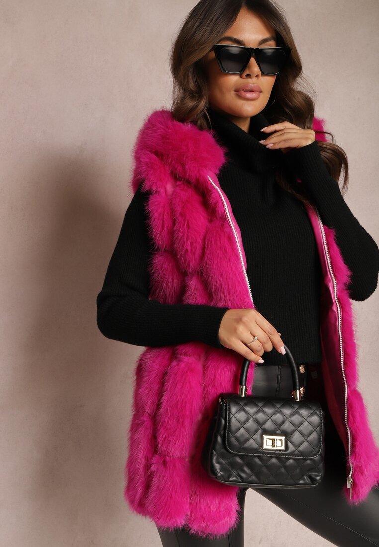  Vestă de blană fuchsia cu glugă Konessa