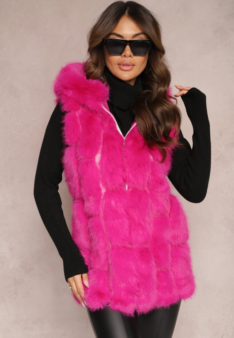  Vestă de blană fuchsia cu glugă Konessa