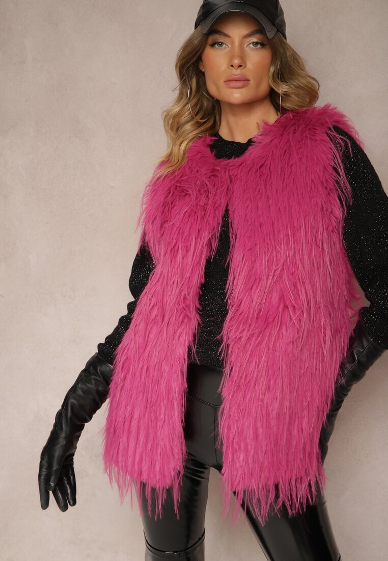  Vestă de blană Fucsia cu o croială simplă cu buzunare Venialith