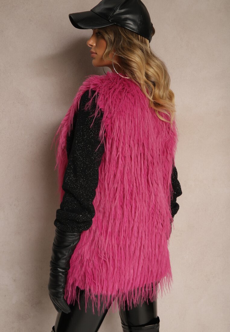 Vestă de blană Fucsia cu o croială simplă cu buzunare Venialith
