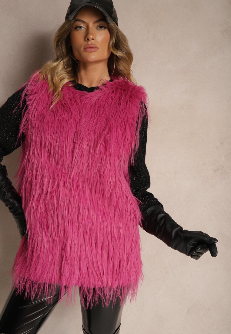  Vestă de blană Fucsia cu o croială simplă cu buzunare Venialith