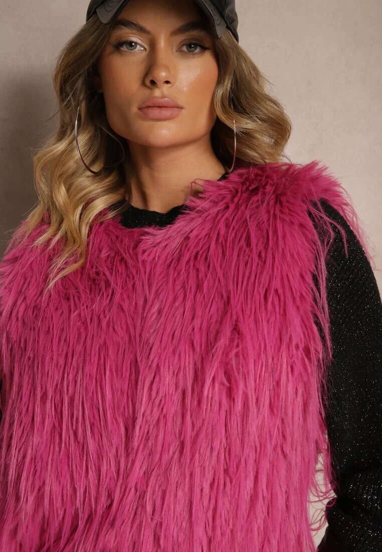  Vestă de blană Fucsia cu o croială simplă cu buzunare Venialith