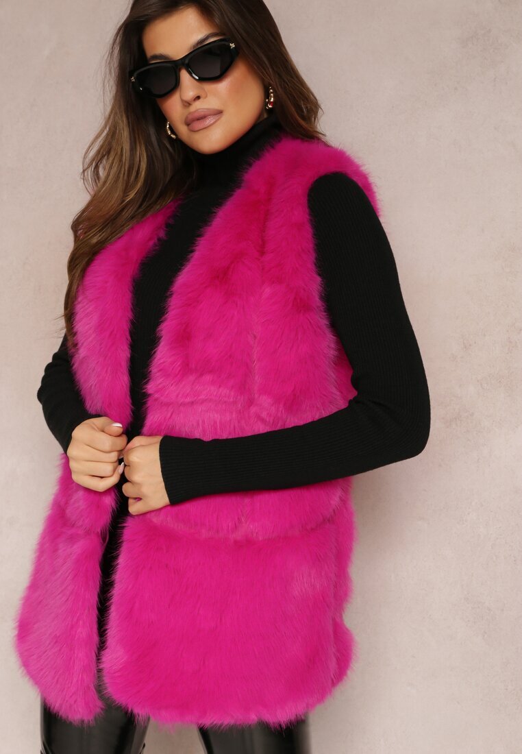  Vestă fucsia pufoasă din blană decorată cu imitație de piele Tekllesa