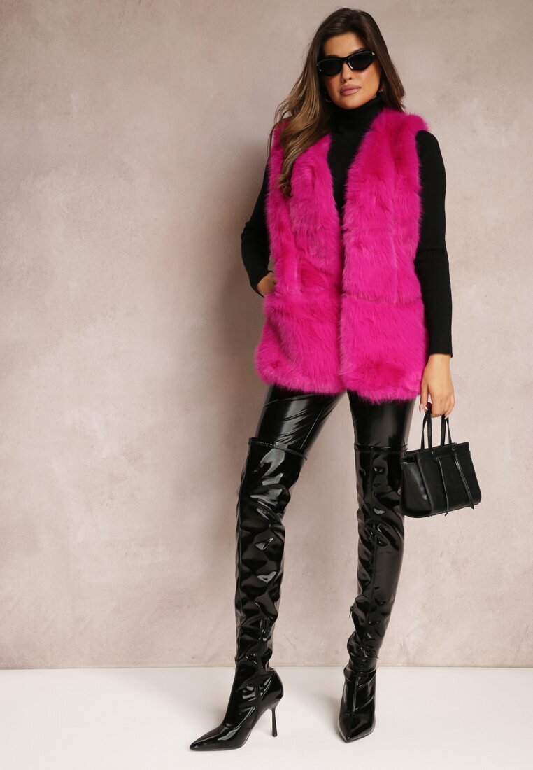  Vestă fucsia pufoasă din blană decorată cu imitație de piele Tekllesa