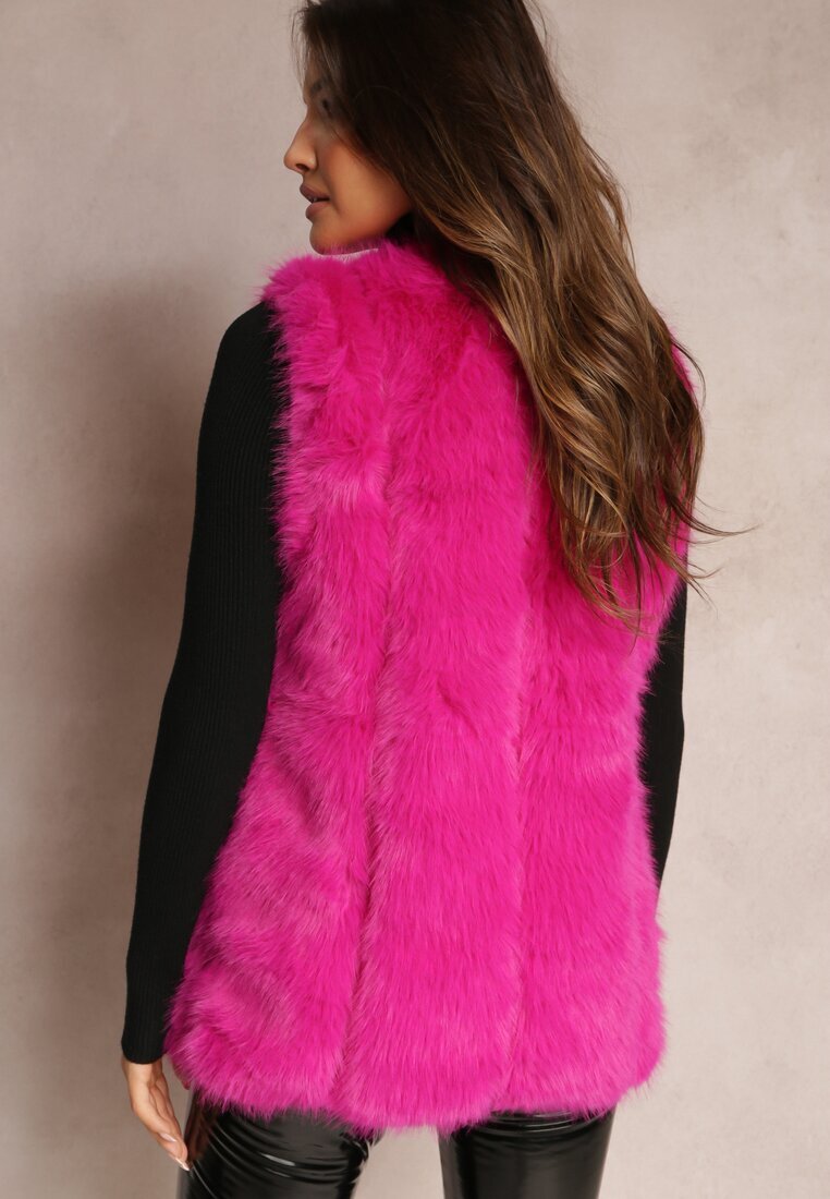  Vestă fucsia pufoasă din blană decorată cu imitație de piele Tekllesa