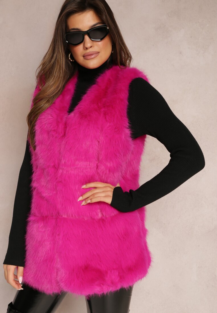  Vestă fucsia pufoasă din blană decorată cu imitație de piele Tekllesa