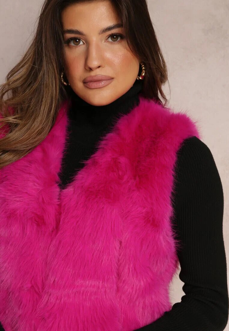  Vestă fucsia pufoasă din blană decorată cu imitație de piele Tekllesa