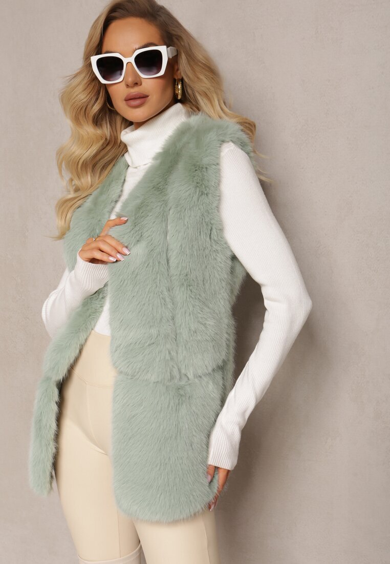  Vestă pufoasă verde deschisă din blană decorată cu imitație de piele Tekllesa