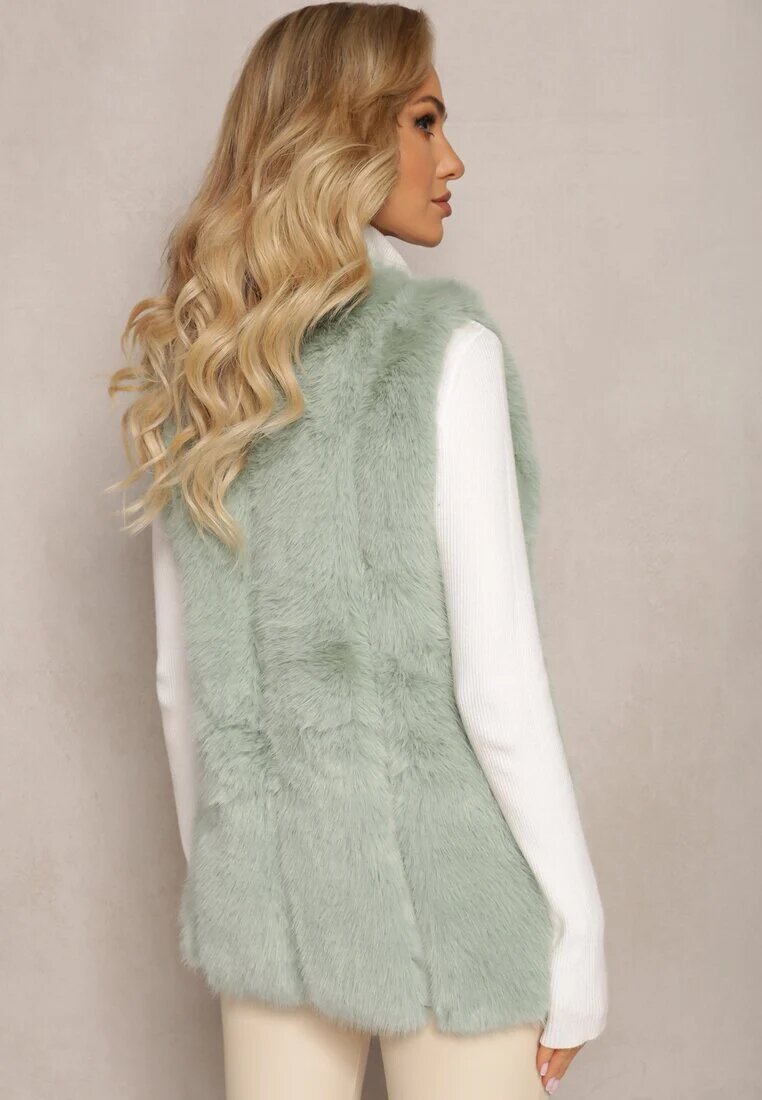  Vestă pufoasă verde deschisă din blană decorată cu imitație de piele Tekllesa