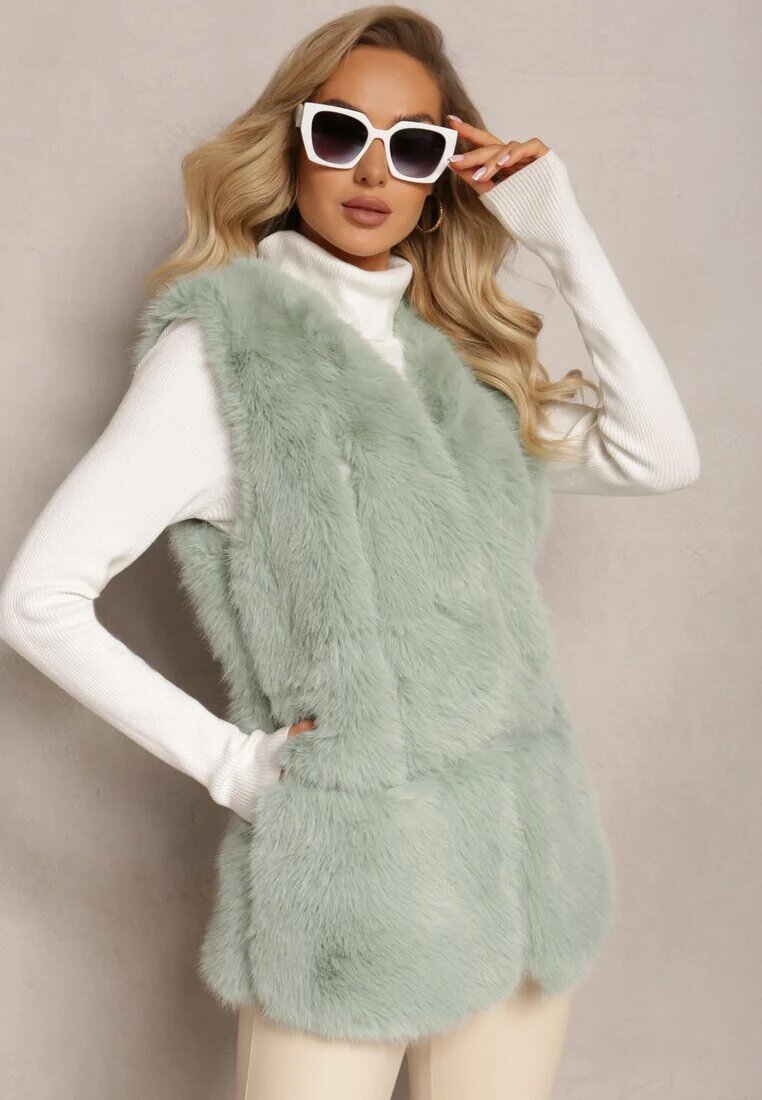  Vestă pufoasă verde deschisă din blană decorată cu imitație de piele Tekllesa