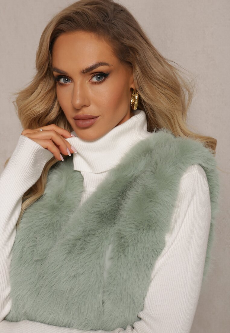  Vestă pufoasă verde deschisă din blană decorată cu imitație de piele Tekllesa