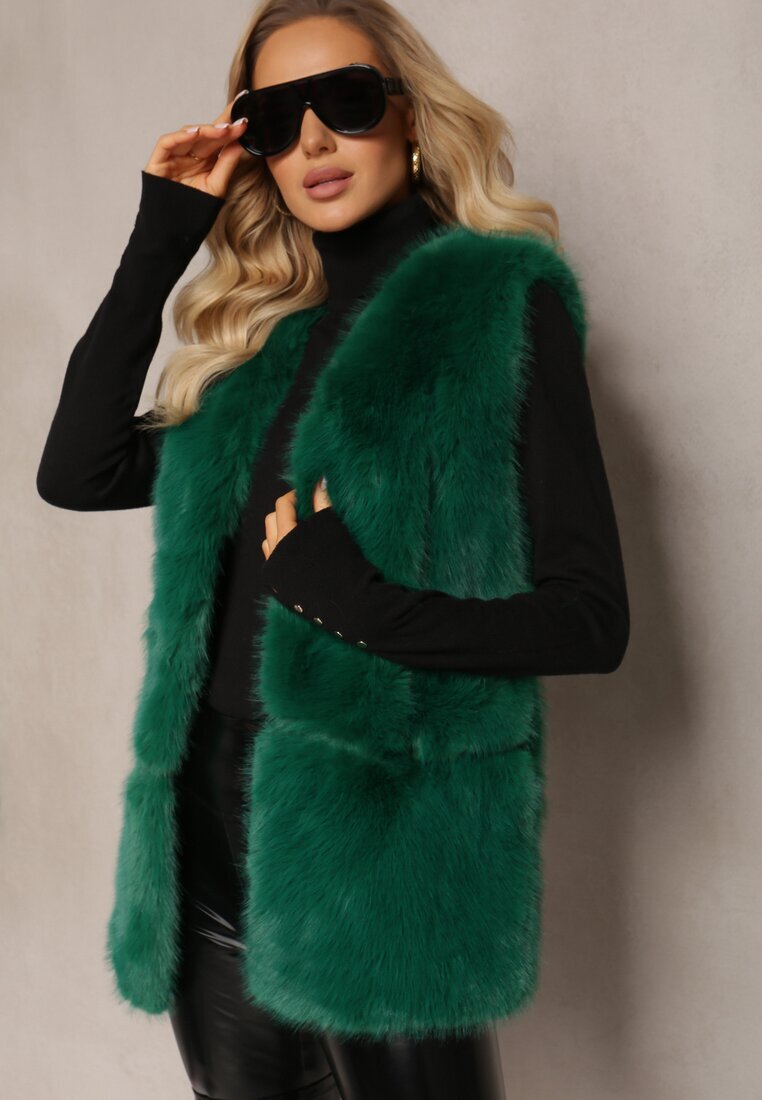  Vestă Verde Pufoasă cu Blană Decorată cu Imitație de Piele Tekllesa
