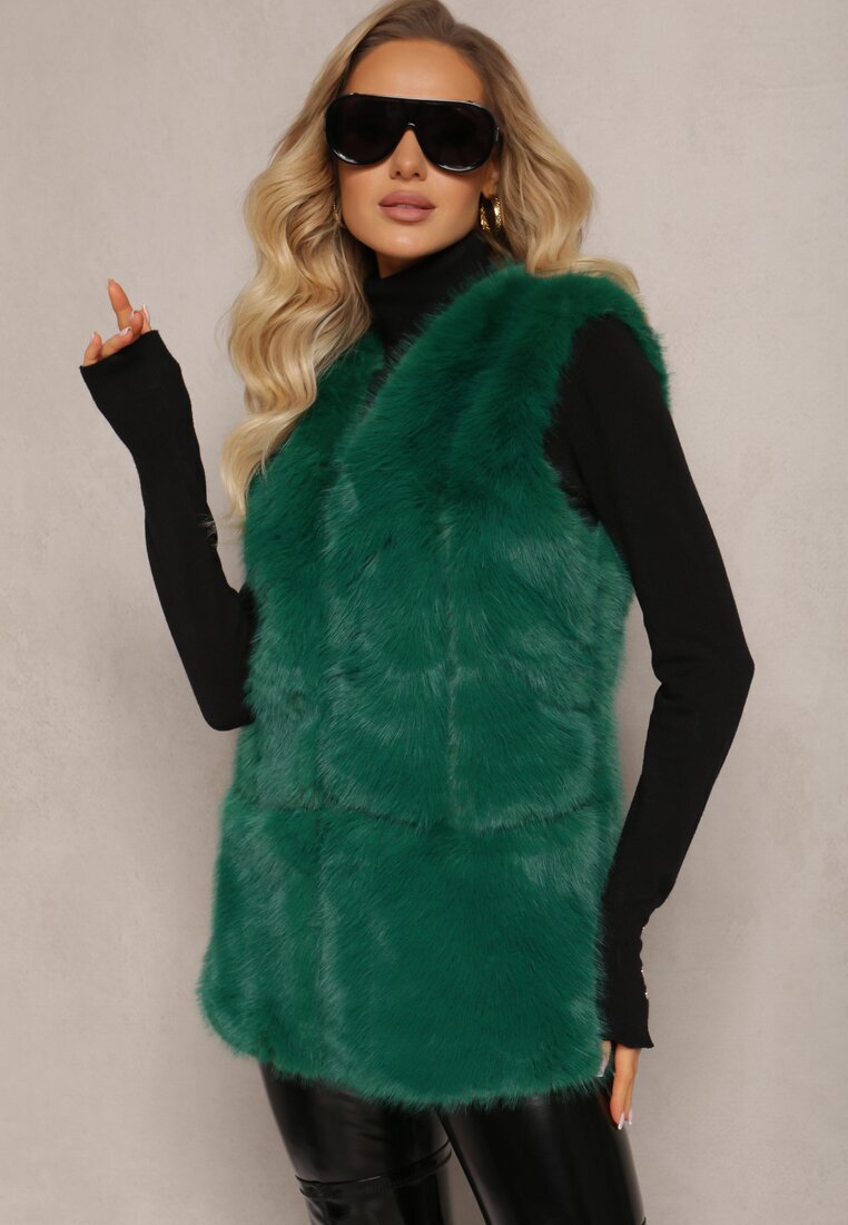  Vestă Verde Pufoasă cu Blană Decorată cu Imitație de Piele Tekllesa