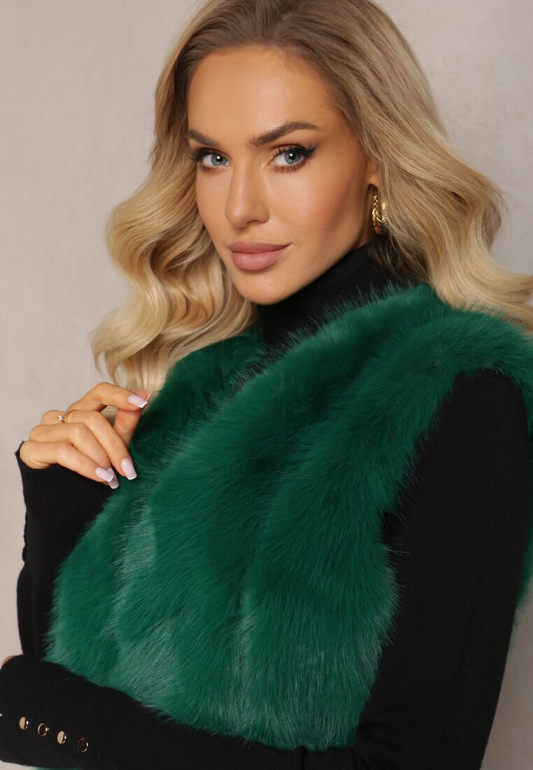  Vestă Verde Pufoasă cu Blană Decorată cu Imitație de Piele Tekllesa