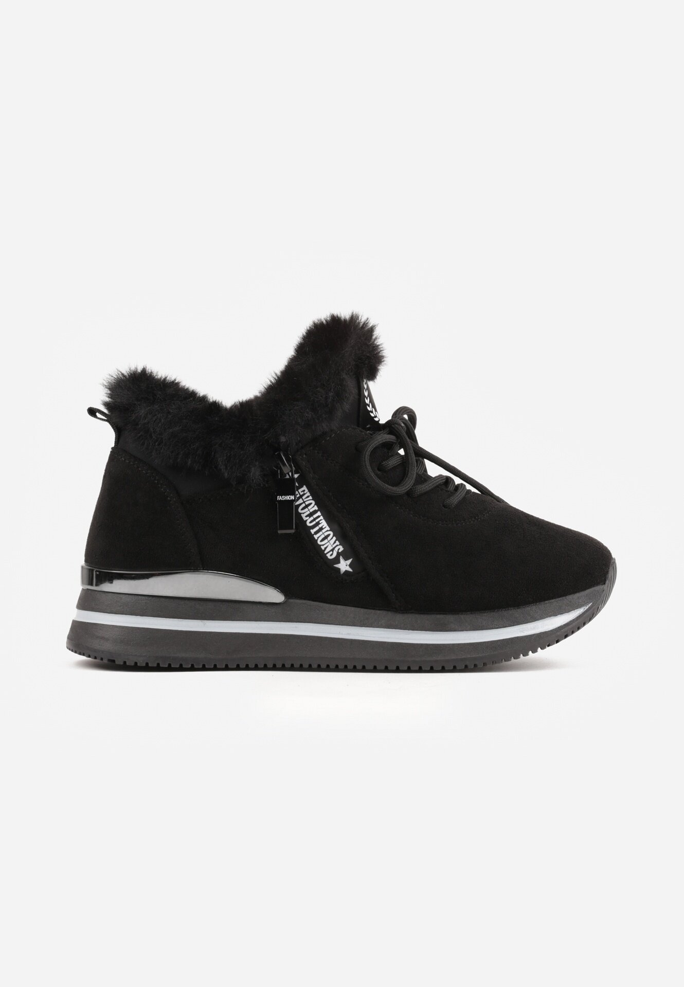 vices Adidași Negre cu Talpă Plată cu Inscripție și Blană Taricea