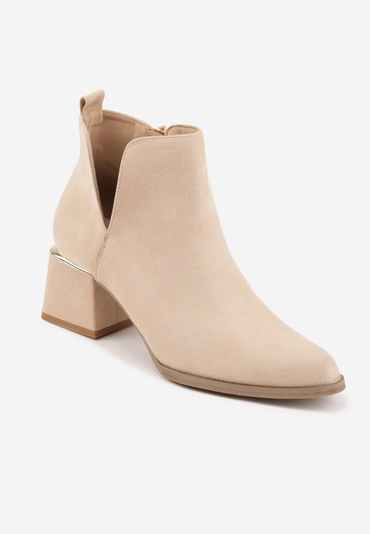 vices Botine Bej cu toc gros cu decupaj și ornament metalic Lorethra