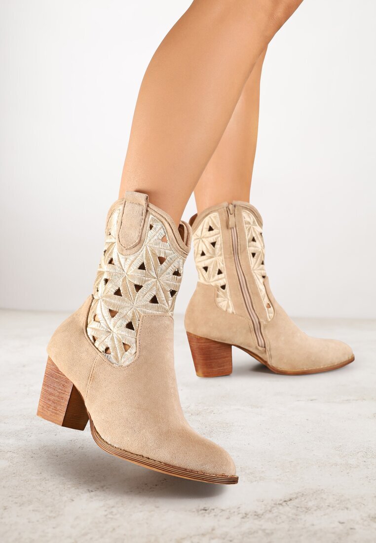vices Botine bej închis cowboy pe toc gros cu motiv geometric Sarori