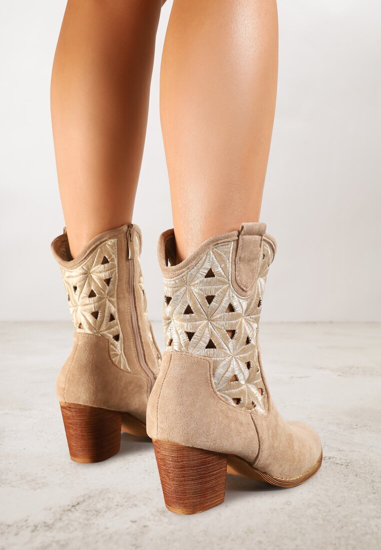 vices Botine bej închis cowboy pe toc gros cu motiv geometric Sarori