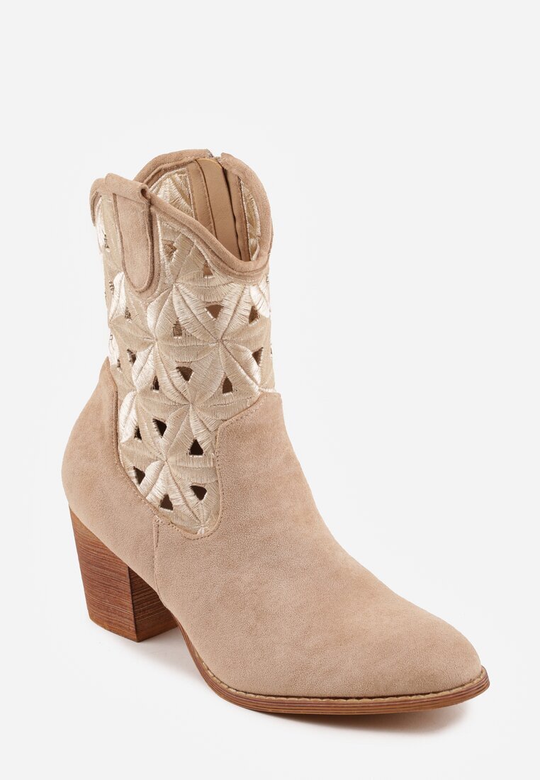 vices Botine bej închis cowboy pe toc gros cu motiv geometric Sarori