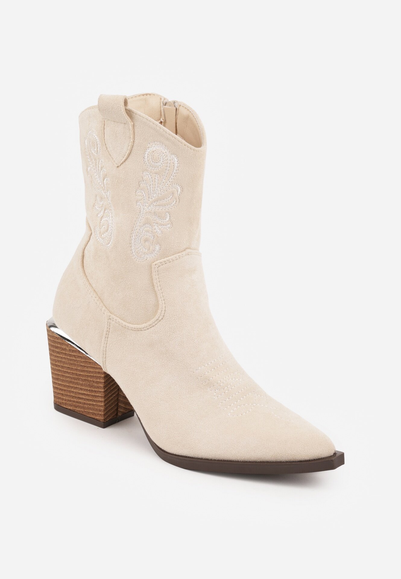 vices Botine Bej stil cowboy cu toc conic decorate cu broderie Xalfedi