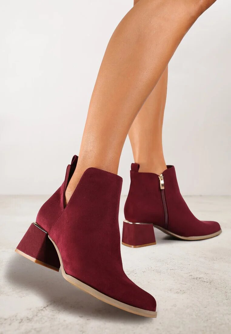 vices Botine Bordo cu toc gros cu decupaj și ornament metalic Lorethra