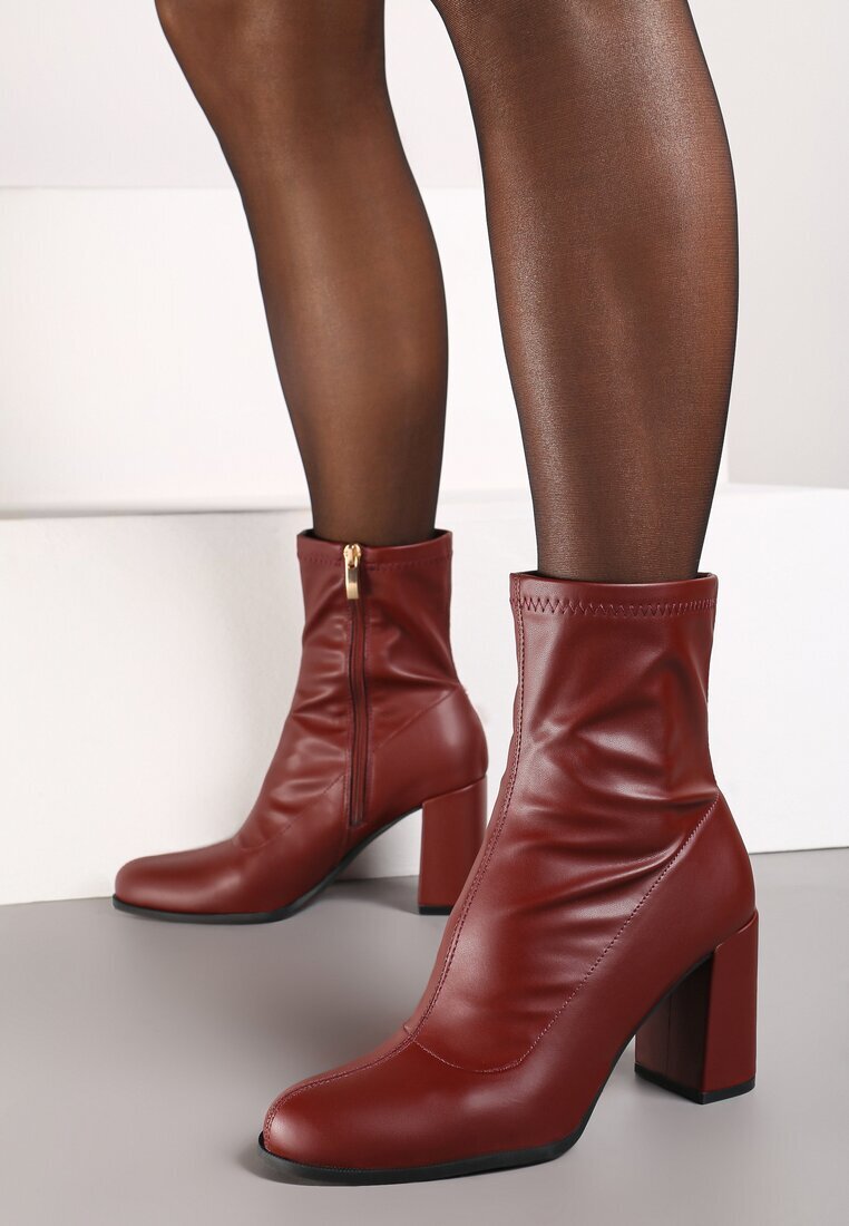 vices Botine Elegante Bordo cu Toc Gros cu Cusături Decorative Izathara
