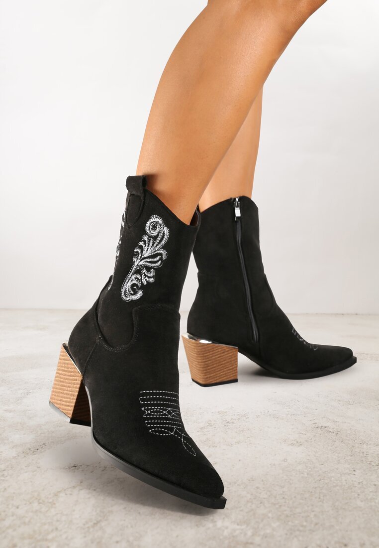 vices Botine negre în stil cowboy pe toc conic decorate cu broderie Xalfedi