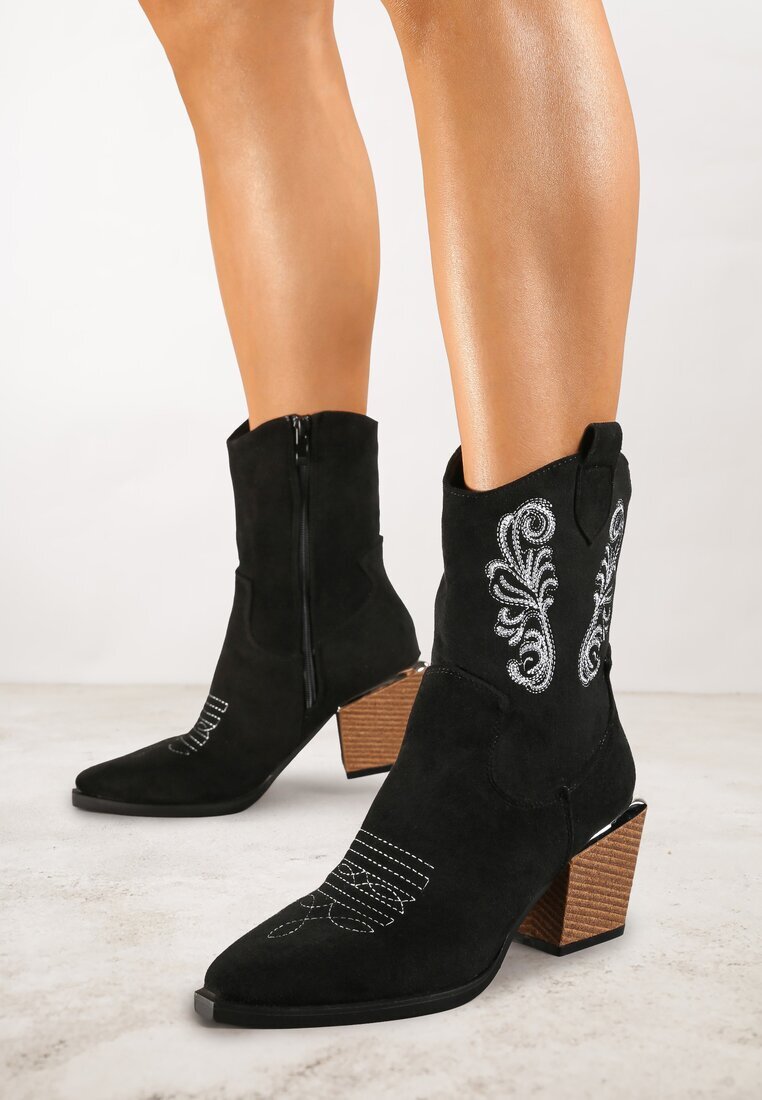 vices Botine negre în stil cowboy pe toc conic decorate cu broderie Xalfedi