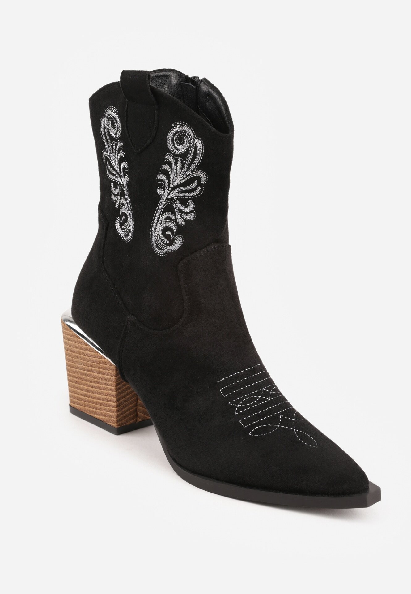vices Botine negre în stil cowboy pe toc conic decorate cu broderie Xalfedi