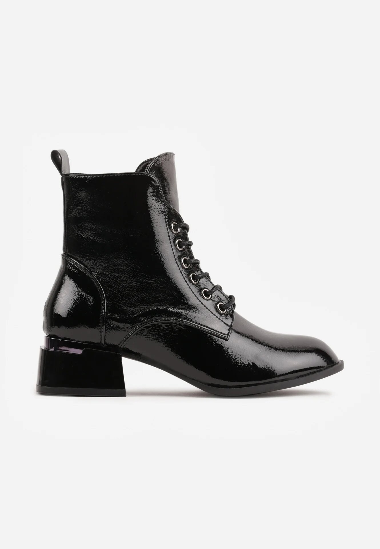 vices Botine Negre Lăcuite cu toc bloc cu decorațiuni și cu carâmb șiretuit Falmirea