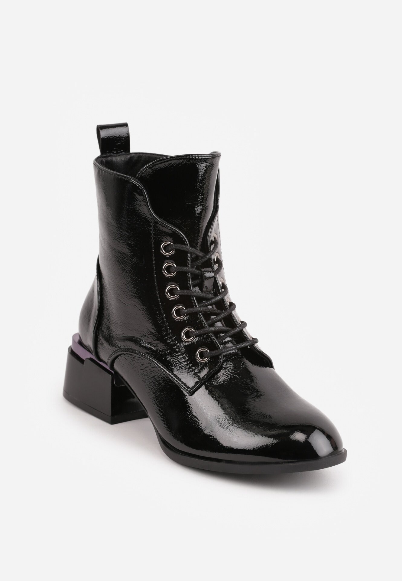vices Botine Negre Lăcuite cu toc bloc cu decorațiuni și cu carâmb șiretuit Falmirea