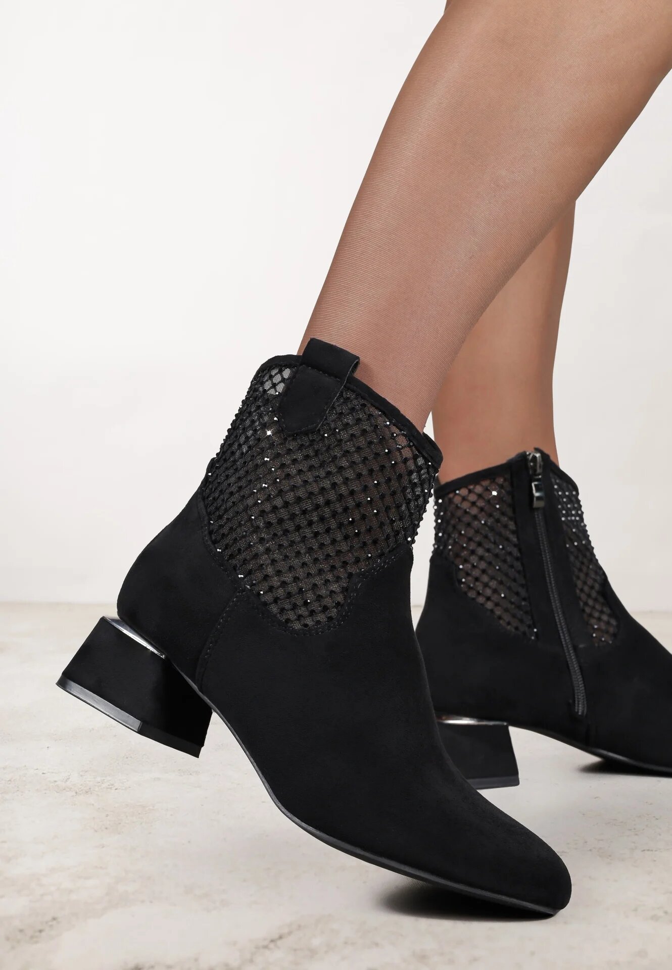 vices Botine Negre pe toc gros decorate cu plasă pe carâmb Deovenna