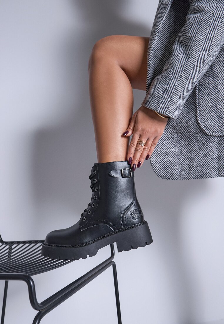 vices Botine Negre Stil Worker cu Cataramă Decorativă la Gambă Deosia