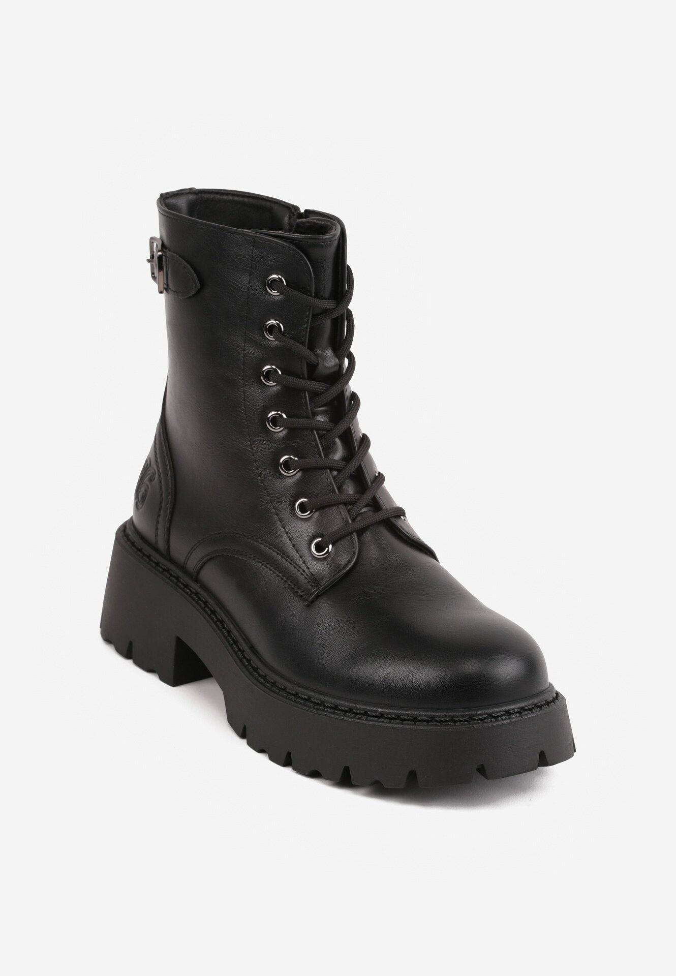 vices Botine Negre Stil Worker cu Cataramă Decorativă la Gambă Deosia