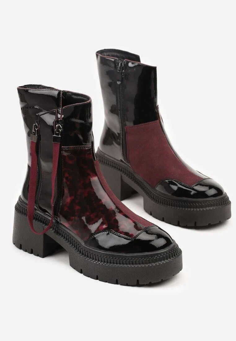 vices Botine Negru-Bordeaux Lăcuite Decorate cu panglică Rotine