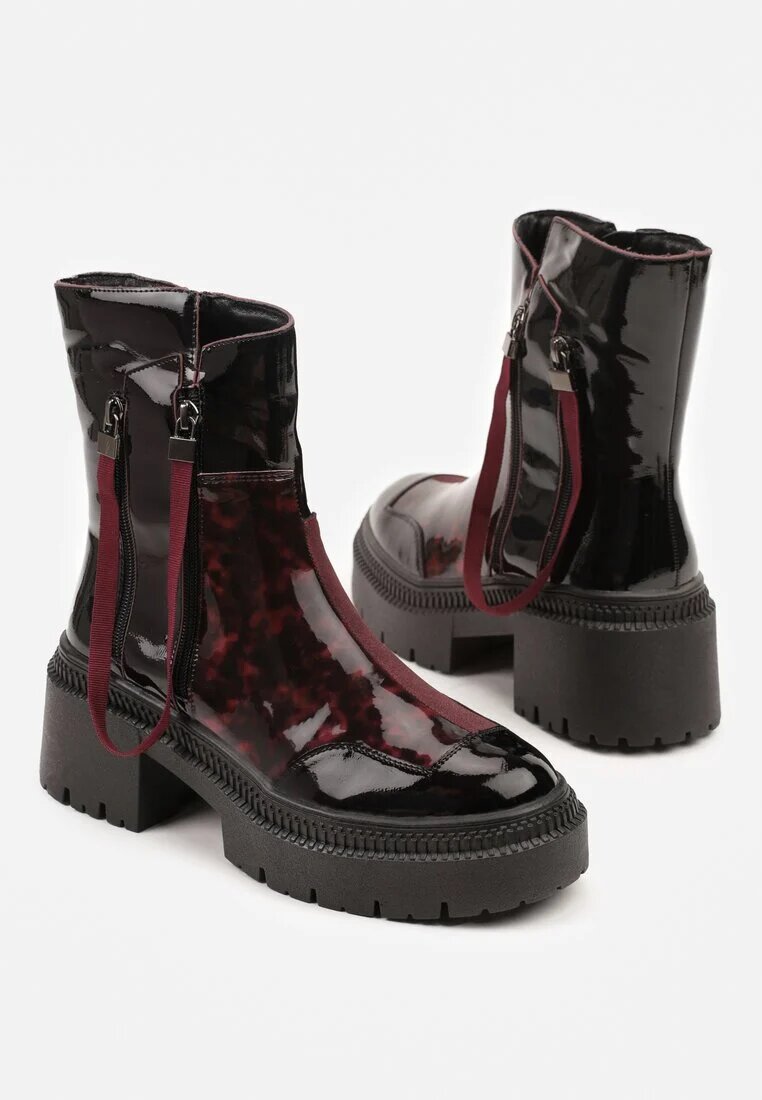 vices Botine Negru-Bordeaux Lăcuite Decorate cu panglică Rotine